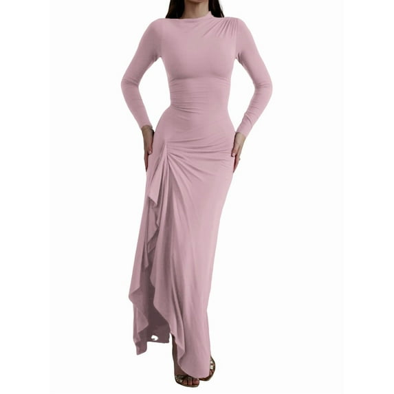 Women'S Solid Color Long Sleeve Crew Neck Ruched Waist Flowy A Line High Low Midi Irregular Split Dress Pink L