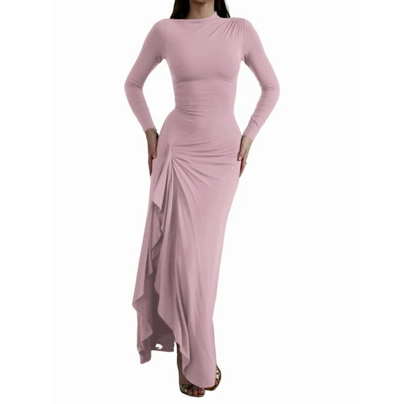 Women'S Solid Color Long Sleeve Crew Neck Ruched Waist Flowy A Line High Low Midi Irregular Split Dress Pink M