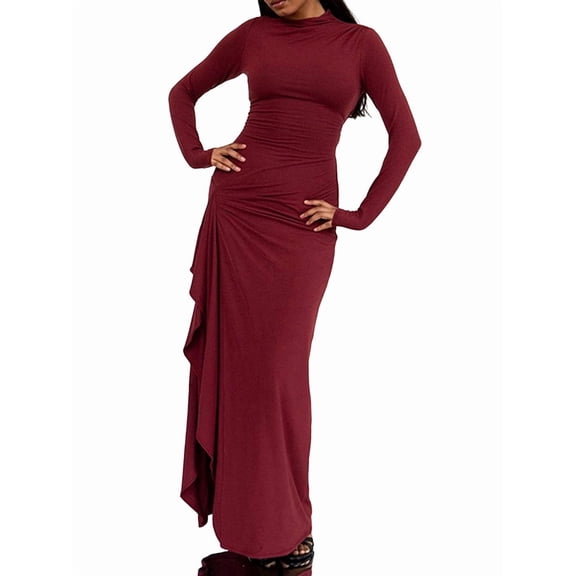 Women'S Solid Color Long Sleeve Crew Neck Ruched Waist Flowy A Line High Low Midi Irregular Split Dress Wine Red M
