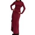 thumbnail image 1 of Women'S Solid Color Long Sleeve Crew Neck Ruched Waist Flowy A Line High Low Midi Irregular Split Dress Wine Red S, 1 of 6