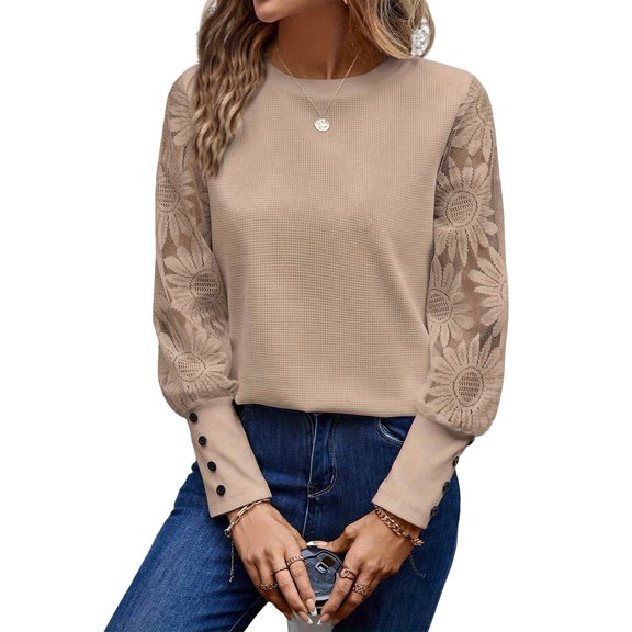 Women'S Solid Color Long Sleeve Embroidered Lace Stitching Waffle Round Neck Top Apricot XL