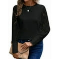 thumbnail image 1 of Women'S Solid Color Long Sleeve Embroidered Lace Stitching Waffle Round Neck Top Black XL, 1 of 9
