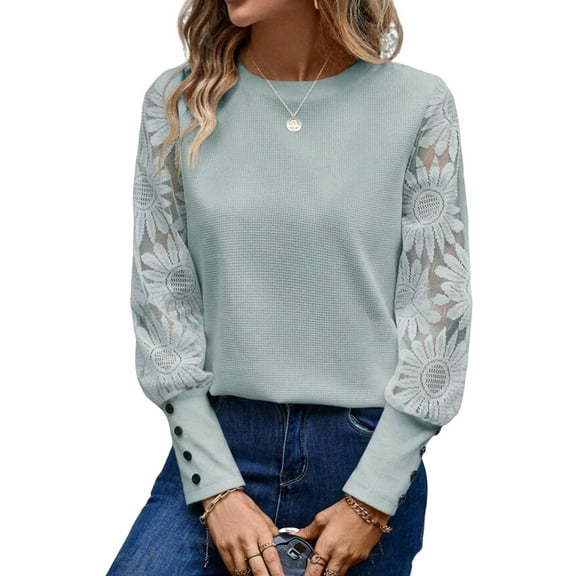 Women'S Solid Color Long Sleeve Embroidered Lace Stitching Waffle Round Neck Top Lake Blue L