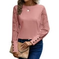 thumbnail image 1 of Women'S Solid Color Long Sleeve Embroidered Lace Stitching Waffle Round Neck Top Pink L, 1 of 8