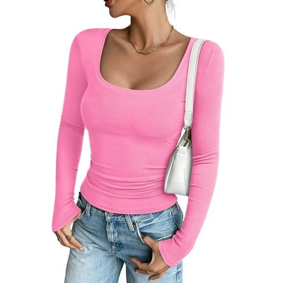Women'S Solid Color Long Sleeve U-Neck Ribbed Knitted Casual Top Slim Fit Basic Shirt Pink XL