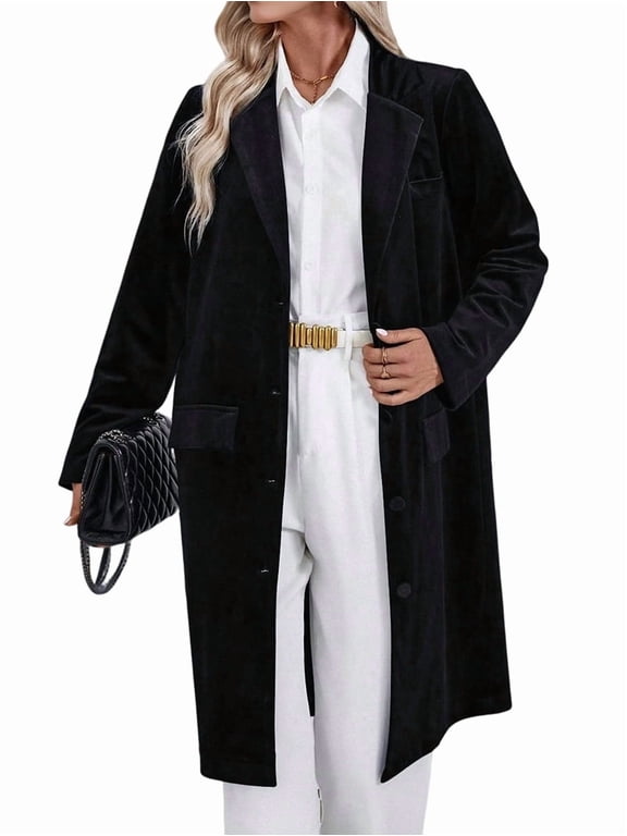 Women'S Solid Color Long Sleeve Velvet Jacket Open Front Casual Suit Cardigan Mid-Length Coat Black S