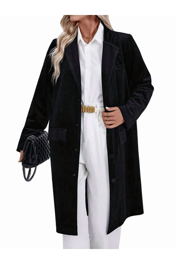 Women'S Solid Color Long Sleeve Velvet Jacket Open Front Casual Suit Cardigan Mid-Length Coat Black S