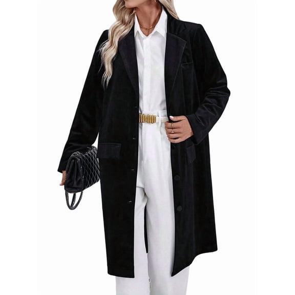 Women'S Solid Color Long Sleeve Velvet Jacket Open Front Casual Suit Cardigan Mid-Length Coat Black XL