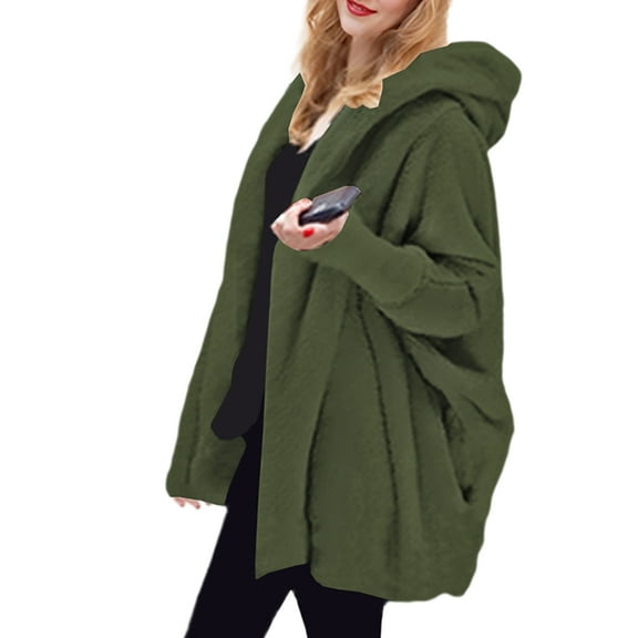 Women'S Solid Color Long-Sleeved V-Neck Hooded Jacket Casual Loose Plush Buttonless Jacket Army Green 5XL
