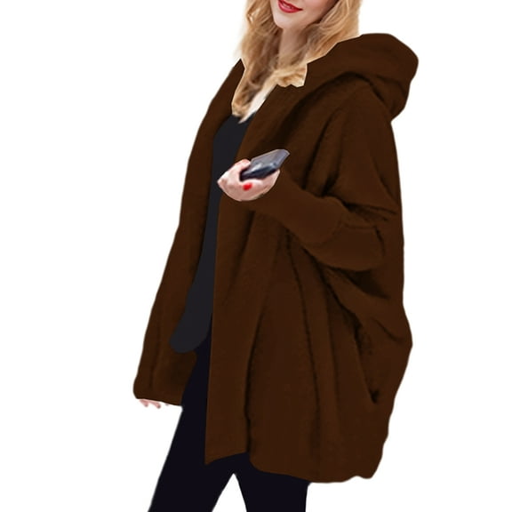 Women'S Solid Color Long-Sleeved V-Neck Hooded Jacket Casual Loose Plush Buttonless Jacket Coffee Color XXL