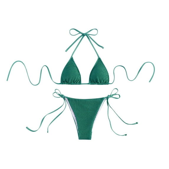 Women'S Solid Color Mini Bikini Sets Fashion Bandage Halter Swimming Tops And Thin Straps Triangle Bottom