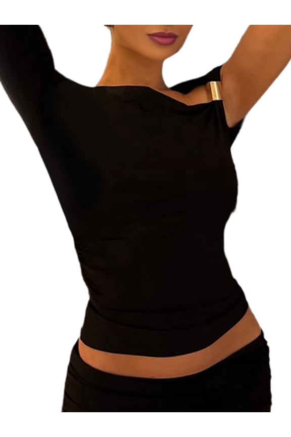 Women'S Solid Color One Sleeve Off Shoulder Asymmetric Crop Top Bodycon Tight Tshirt Blouse Black L