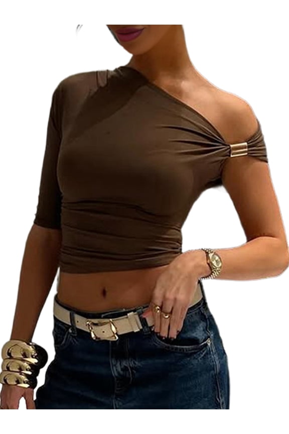 Women'S Solid Color One Sleeve Off Shoulder Asymmetric Crop Top Bodycon Tight Tshirt Blouse Brown S