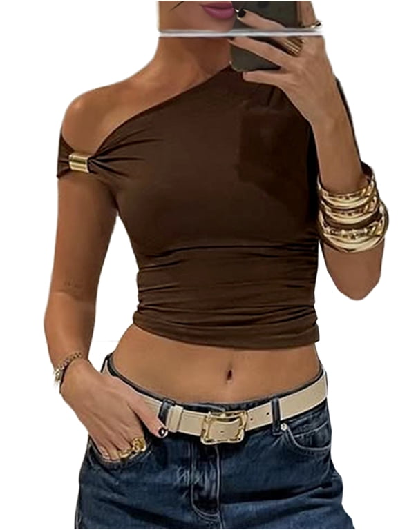 Women'S Solid Color One Sleeve Off Shoulder Asymmetric Crop Top Bodycon Tight Tshirt Blouse