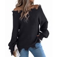 thumbnail image 1 of Women'S Solid Color Openwork Long-Sleeved Sweater, Off-Shoulder Knit Pullover Black L, 1 of 9
