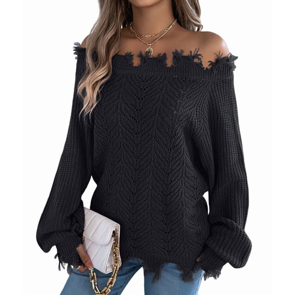 Women'S Solid Color Openwork Long-Sleeved Sweater, Off-Shoulder Knit Pullover Black S