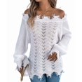 thumbnail image 1 of Women'S Solid Color Openwork Long-Sleeved Sweater, Off-Shoulder Knit Pullover White L, 1 of 10