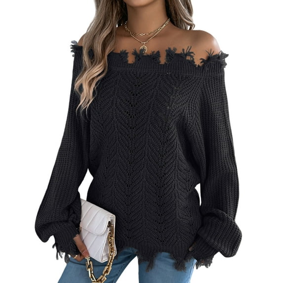 Women'S Solid Color Openwork Long-Sleeved Sweater, Off-Shoulder Knit Pullover