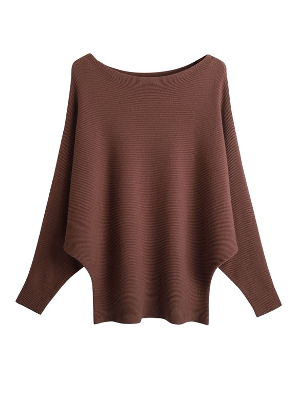Women'S Solid Color Oversized Batwing Sleeve Boat Neck Long Sleeve Knit Sweater Loose Pullover Brown One size