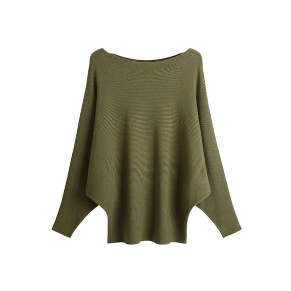 Women'S Solid Color Oversized Batwing Sleeve Boat Neck Long Sleeve Knit Sweater Loose Pullover Green One size