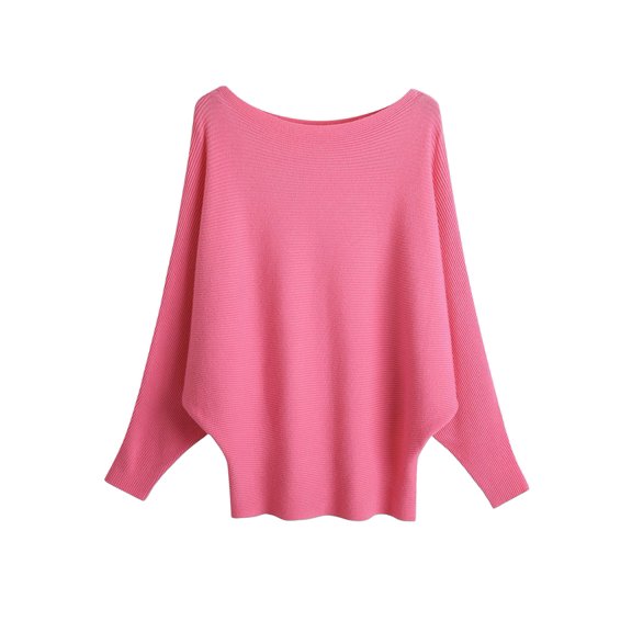 Women'S Solid Color Oversized Batwing Sleeve Boat Neck Long Sleeve Knit Sweater Loose Pullover Rose Pink One size