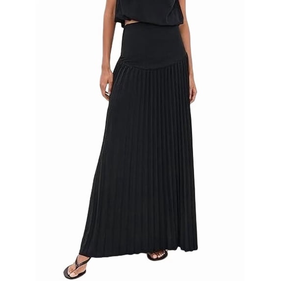 Women'S Solid Color Pleated Midi Skirt Versatile Fashion Casual Long Skirt Elegant Black L