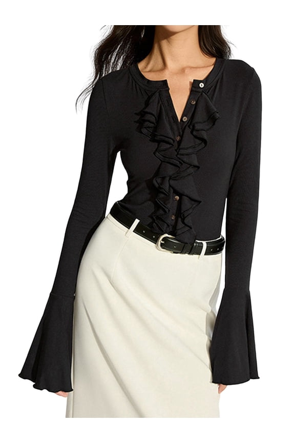 Women'S Solid Color Round Neck Flared Long Sleeve Ruffle Button Top Black M