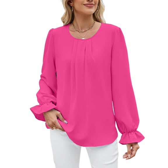 Women'S Solid Color Round Neck Long Sleeve Loose Chiffon Shirt Top Fashionable and Elegant Pullover Tops Pink S