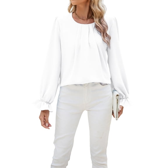 Women'S Solid Color Round Neck Long Sleeve Loose Chiffon Shirt Top Fashionable and Elegant Pullover Tops White L