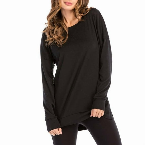 Women'S Solid Color Round Neck Long Sleeve Pullover Sweatshirt Short Front Long Back Slit Tops Black XXL