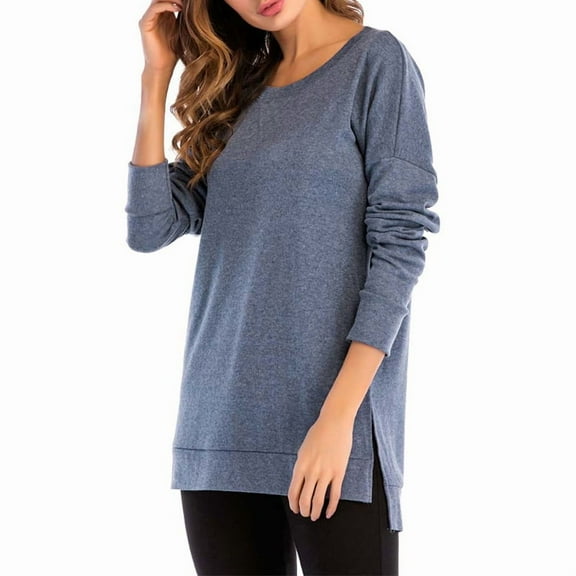 Women'S Solid Color Round Neck Long Sleeve Pullover Sweatshirt Short Front Long Back Slit Tops Blue L