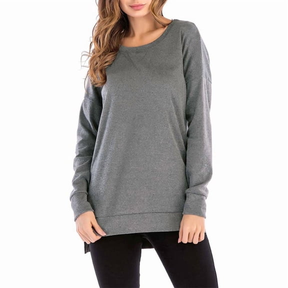 Women'S Solid Color Round Neck Long Sleeve Pullover Sweatshirt Short Front Long Back Slit Tops Dark Gray M