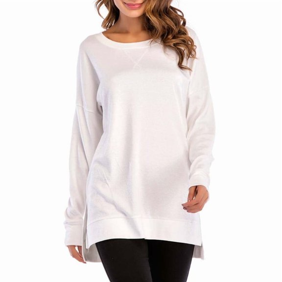 Women'S Solid Color Round Neck Long Sleeve Pullover Sweatshirt Short Front Long Back Slit Tops White XL