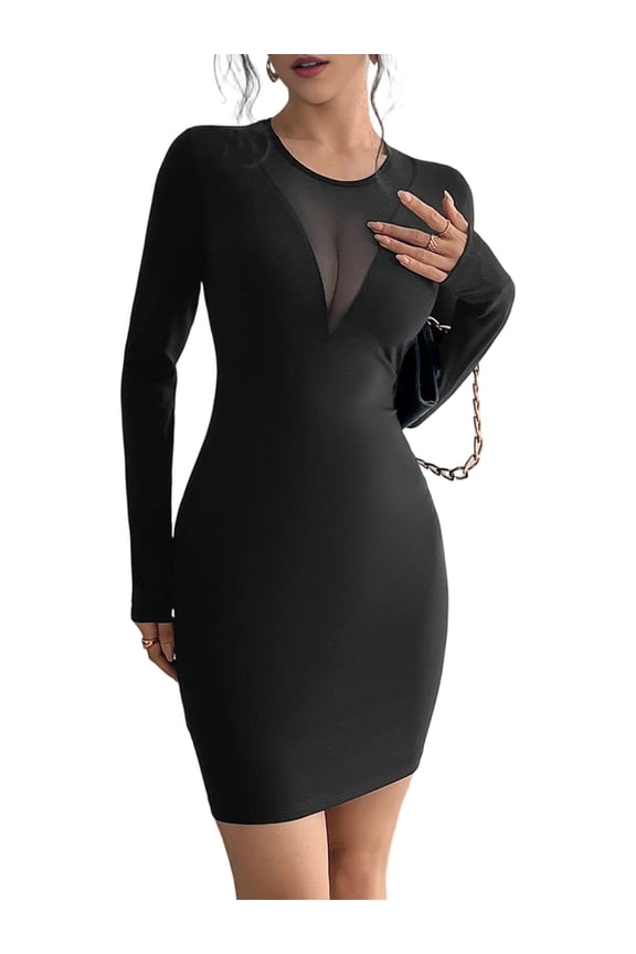 Women'S Solid Color Round Neck Mesh Insert Chest Detail Long Sleeve Bodycon Slim Dress