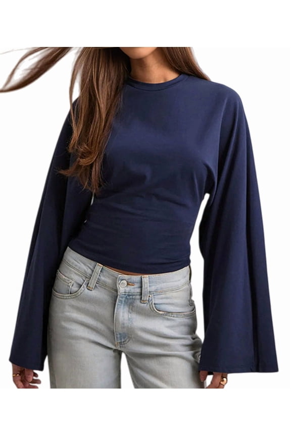 Women'S Solid Color Round Neck T-Shirt, Regular Sleeve with Flared Cuff and Waist Tucking Navy Blue L