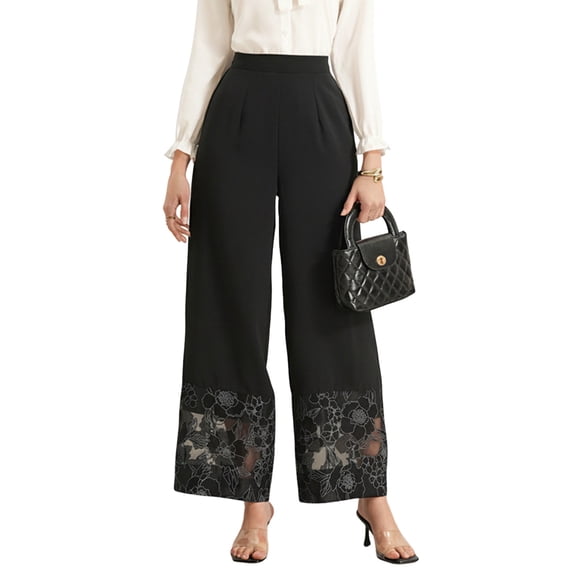 Women'S Solid Color See-Through Lace Panel Straight Leg Pants Elegant Trousers Office Chic