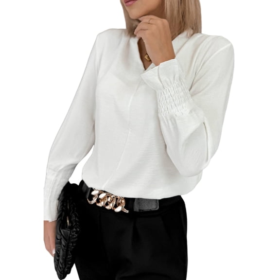 Women'S Solid Color V-Neck Long Sleeve Shirt Casual Blouse Office Wear Basic Top White XXL
