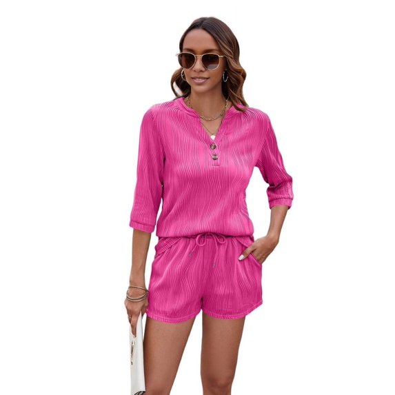 Women'S Solid Color V-Neck Mid-Sleeve Loose T-Shirt Pocket Shorts Set Rose Red S