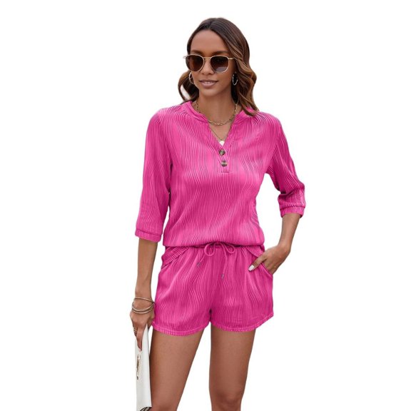 Women'S Solid Color V-Neck Mid-Sleeve Loose T-Shirt Pocket Shorts Set Rose Red S