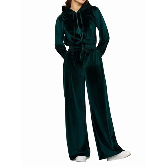 Women'S Solid Color Zip Up Hoodie and Drawstring Pants Two Piece Set Fashionable Dark Green XL
