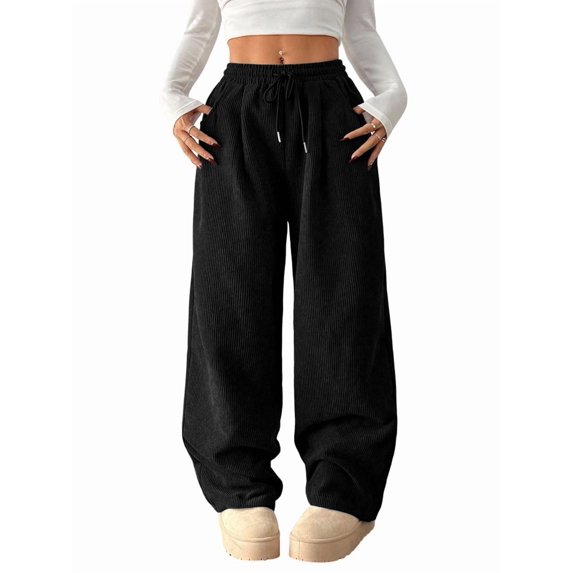 Women'S Solid Corduroy Drapey Loose Wide Leg Casual Long Pants