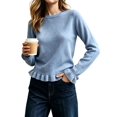 thumbnail image 1 of Women'S Solid Crew Neck Ruffle Hem Long Sleeve Knit Sweater Blue S, 1 of 8