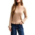 thumbnail image 1 of Women'S Solid Crew Neck Ruffle Hem Long Sleeve Knit Sweater Khaki XL, 1 of 8