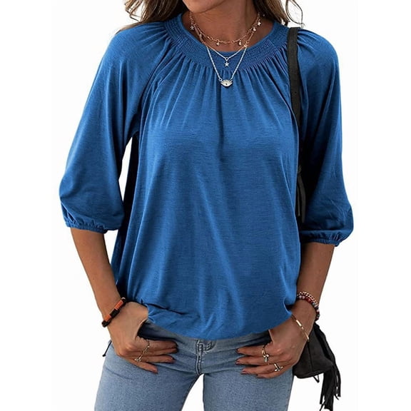 Women'S Solid Crew Neck T Shirt Blouse Cotton Half Sleeve 3/4 Sleeve Casual Loose Pleated Basic Tops Blue L