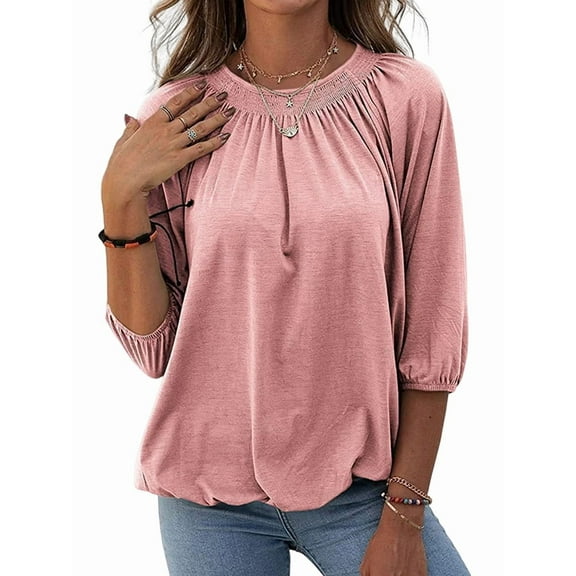 Women'S Solid Crew Neck T Shirt Blouse Cotton Half Sleeve 3/4 Sleeve Casual Loose Pleated Basic Tops Pink XL