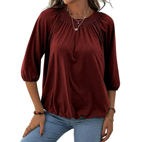 Women'S Solid Crew Neck T Shirt Blouse Cotton Half Sleeve 3/4 Sleeve Casual Loose Pleated Basic Tops Wine Red XXL