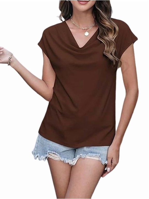 Women'S Solid Draped Cowl Neck Vertical Ribbed Cap Sleeve Stretchy Casual Blouse Dark Brown M