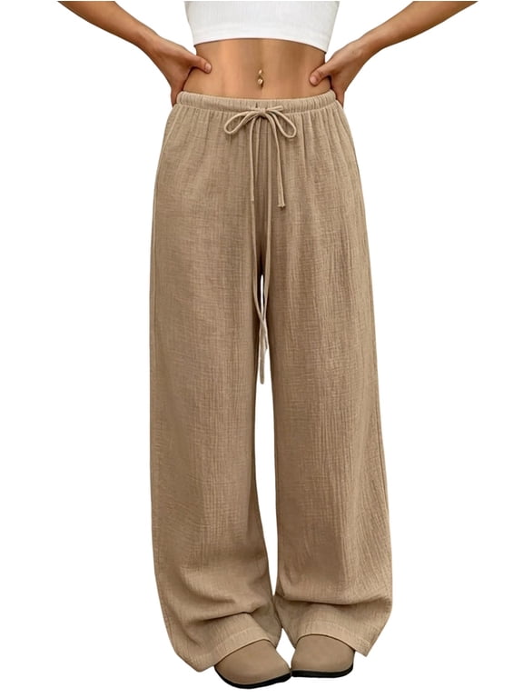 Women'S Solid Elastic Drawstring Waist Wide Leg Straight Casual Pants Camel Color XXXL