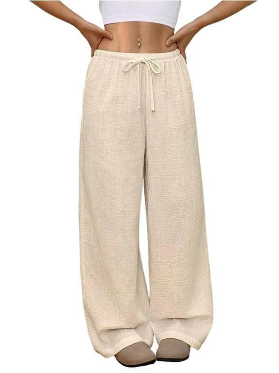 Women'S Solid Elastic Drawstring Waist Wide Leg Straight Casual Pants Color 5XL