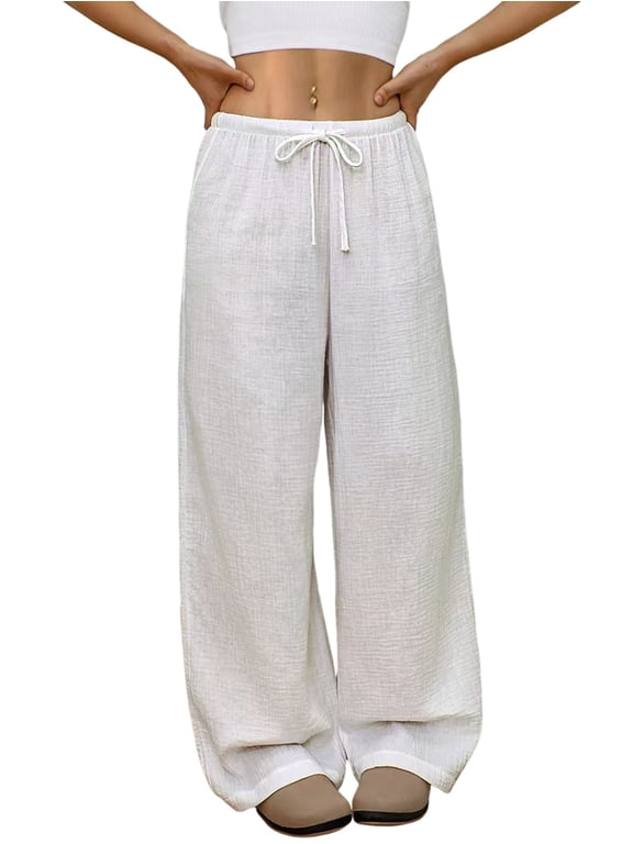 Women'S Solid Elastic Drawstring Waist Wide Leg Straight Casual Pants White XXL